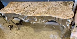 Metallic Wood Scalloped Console Table with Marble Top